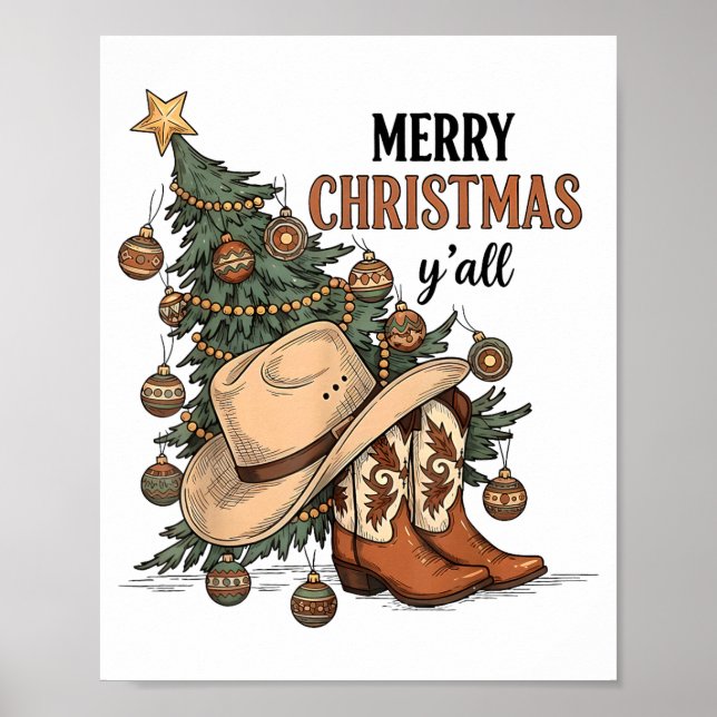 Merry Christmas Y'all Western Cowboy Boots Hat Xma Poster (Framsidan)
