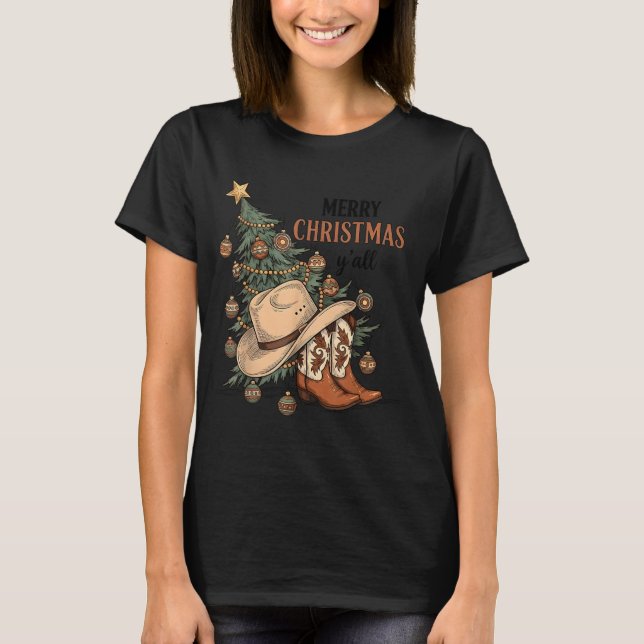 Merry Christmas Y'all Western Cowboy Boots Hat Xma T Shirt (Framsida)