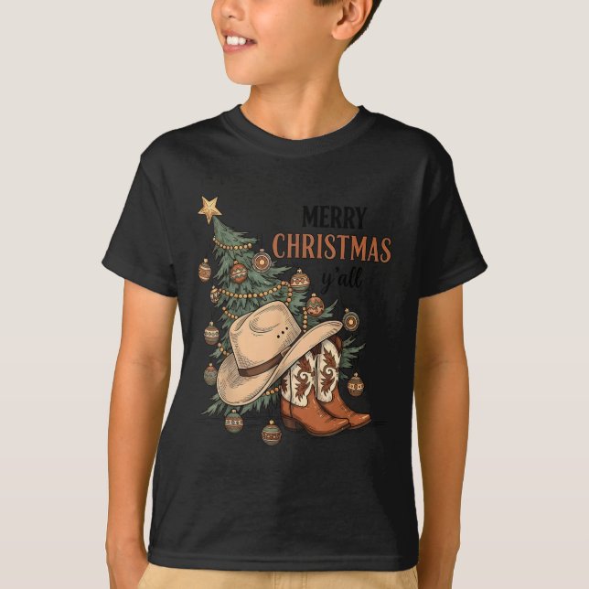 Merry Christmas Y'all Western Cowboy Boots Hat Xma T Shirt (Framsida)