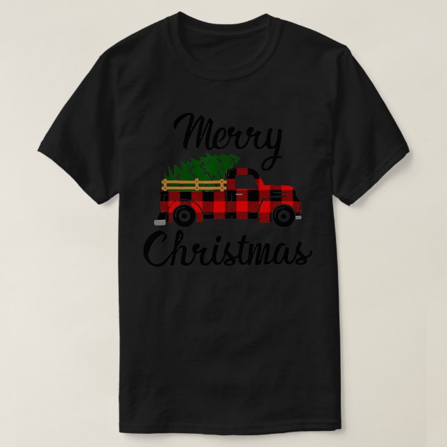 Merry ChristmasTree On Buffalo Plaid Truck  T Shirt (Design framsida)