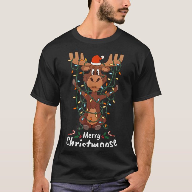 Merry Christmoose Christmas Mooses Xmas Tree Light T Shirt (Framsida)