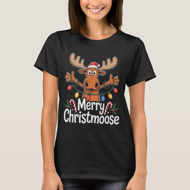 Merry Christmoose Christmas Tree Lights Santa Hat  T Shirt (Framsida)