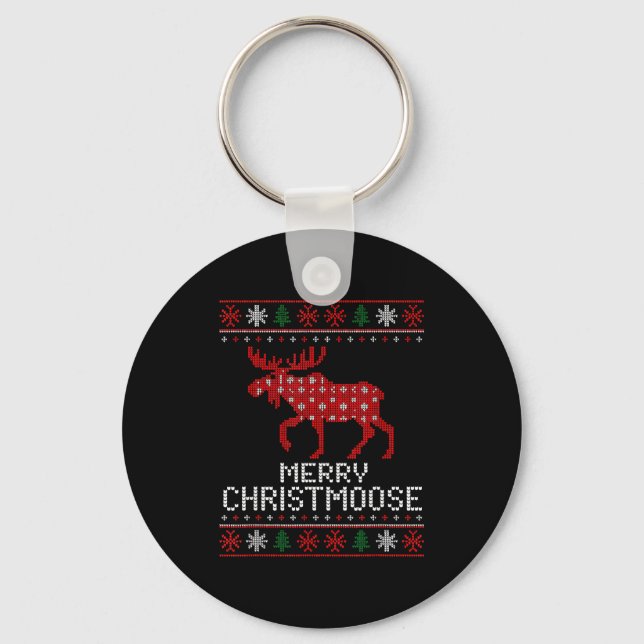 Merry Christmoose Funny Christmas Moose Sweater An Nyckelring (Framsida)