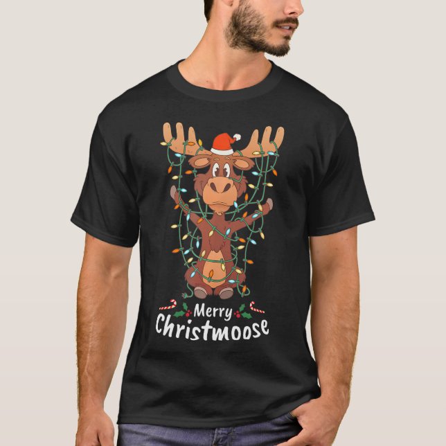 Merry Christmoose jul jul Moose Julafton Träd Ljus T Shirt (Framsida)