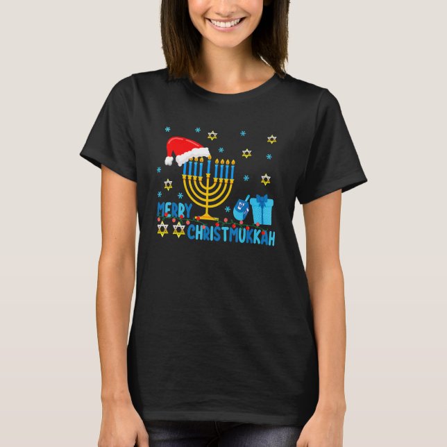 Merry Christmukkah Hanukkah Holiday  Light Santas  T Shirt (Framsida)