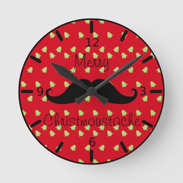 Merry Christmustache Round Clock Rund Klocka (Framsida)