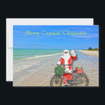 Merry Coastal jul Sanibel Island Beach Santa Julkort<br><div class="desc">God Kustjul! Det här fantastiska helgdag Flat Card har en bild av den sensationella Sanibel Island-stranden med det vackra vattenen blått/grönt i Mexikos Bukt. Den festliga designen omfattar tomten som kör sin cykel för att leverera paket på denna öoas. På julkortets baksida står det: "Varm önskemål för ett underbart helgdag...</div>