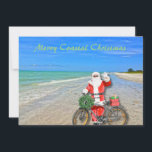 Merry Coastal jul Sanibel Island Beach Santa Julkort<br><div class="desc">God Kustjul! Det här fantastiska helgdag Flat Card har en bild av den sensationella Sanibel Island-stranden med det vackra vattenen blått/grönt i Mexikos Bukt. Den festliga designen omfattar tomten som kör sin cykel för att leverera paket på denna öoas. På julkortets baksida står det: "Varm önskemål för ett underbart helgdag...</div>