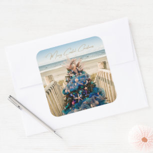 Merry Coastal jul Tropical Beach Holiday Tree Fyrkantigt Klistermärke