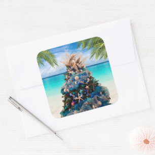 Merry Coastal jul Tropical Beach Holiday Tree Fyrkantigt Klistermärke