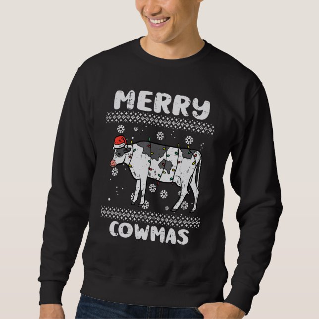 Merry Cowmas  Animal Ugly Christmas Xmas Men Women Lång Ärmad Tröja (Framsida)