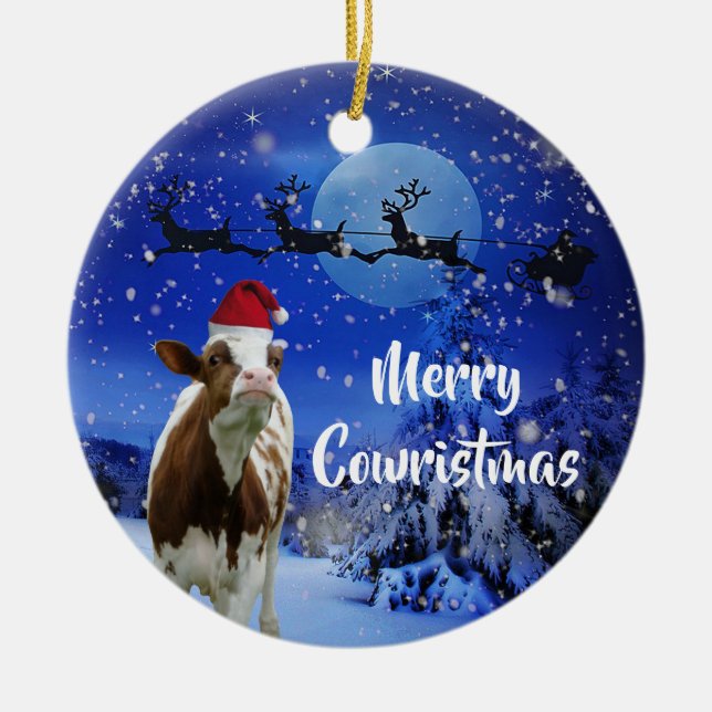 Merry Cowristmas Santa Cow Helgdag Julgransprydnad Keramik (Framsidan)