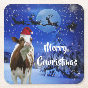 Merry Cowristmas Santa Cow Helgdag Underlägg Papper Kvadrat