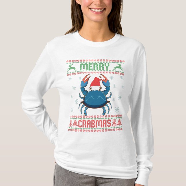 Merry Crabmas Funny Crab Ugly julsötare T Shirt (Framsida)