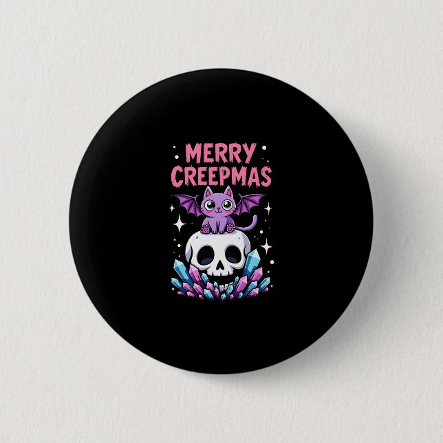 Merry Creepmas Cat Pastel Goth Christmas Skull T-S Knapp (Framsida)