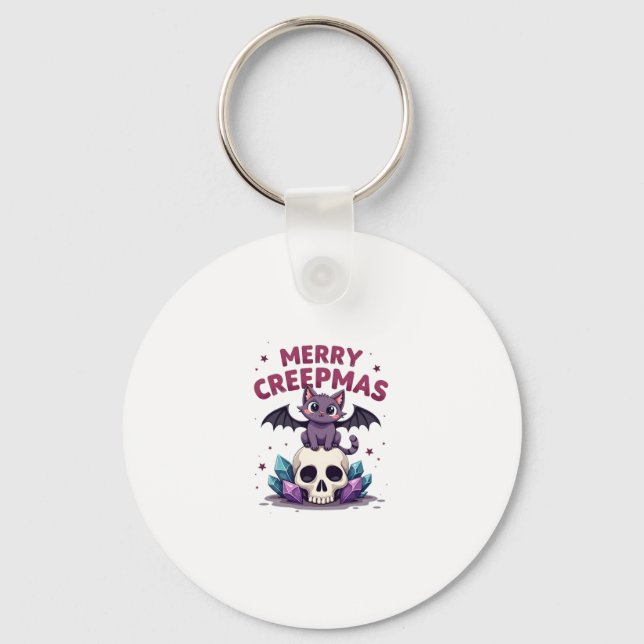 Merry Creepmas Cat Pastel Goth Christmas Skull T-S Nyckelring (Framsida)