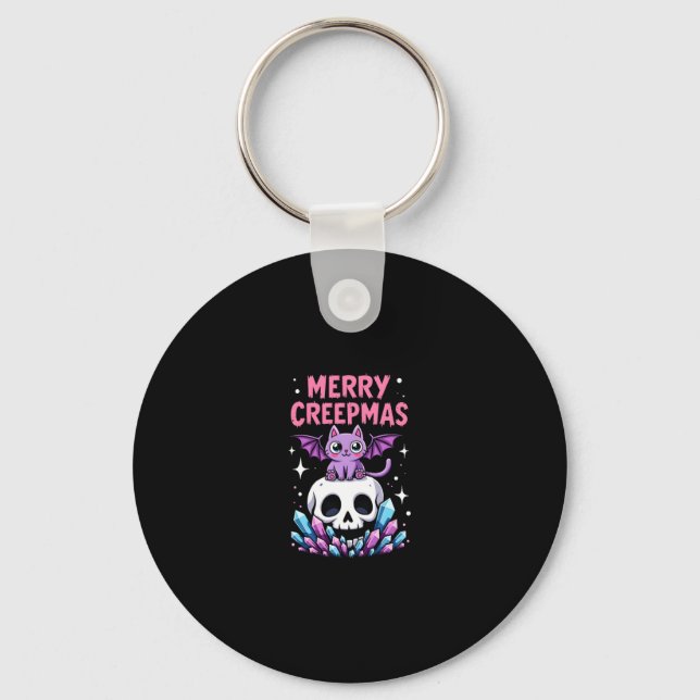 Merry Creepmas Cat Pastel Goth Christmas Skull T-S Nyckelring (Framsida)
