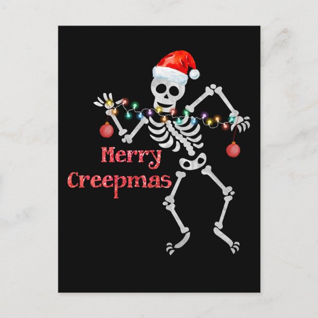 Merry Creepmas Skeleton Santa Skull Julafton Träd  Helg Vykort (Framsida)