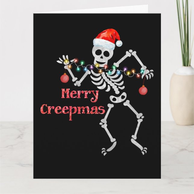 Merry Creepmas Skeleton Santa Skull Julafton Träd  Kort (Framsida)