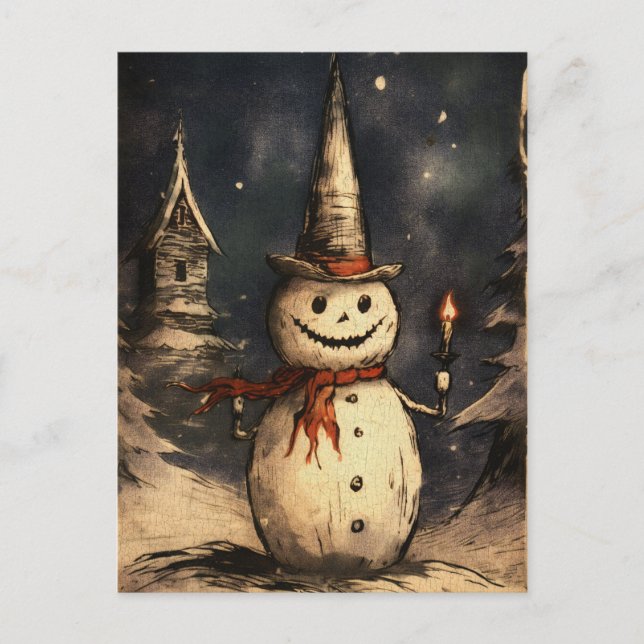 Merry Creepmas Spooky Snögubbe Gothic Vintage Vykort (Framsida)