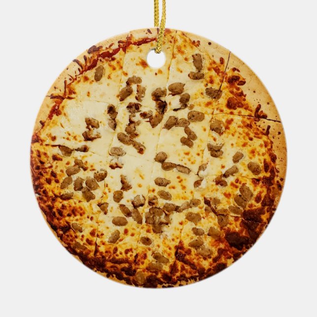 Merry Crustmas Funny Cheese och Sause Pizza Julgransprydnad Keramik (Framsidan)