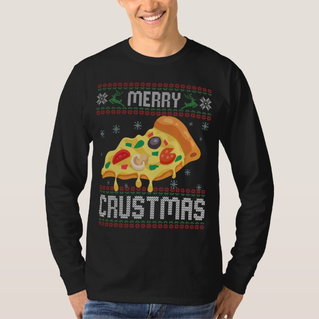 Merry Crustmas Funny jul Pizza Ugly Sweater T Shirt (Framsida)