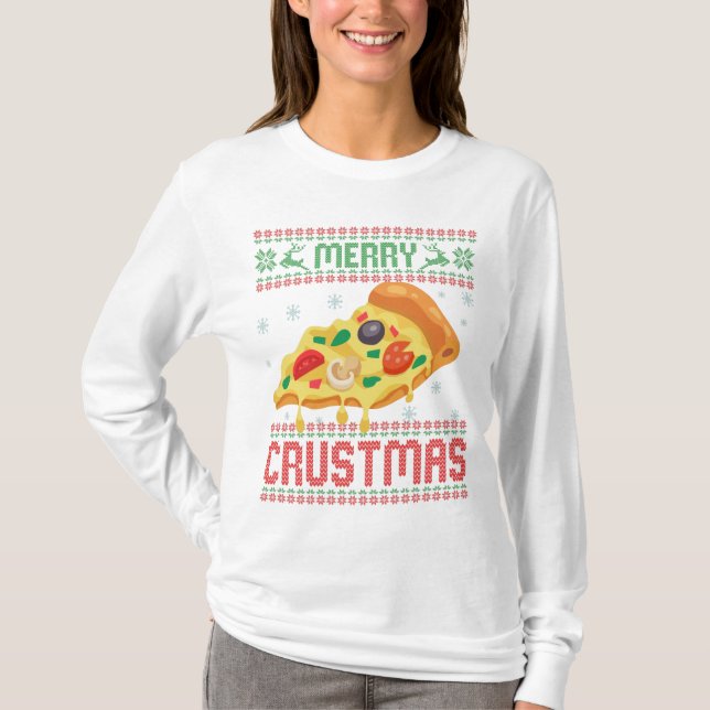 Merry Crustmas Funny jul Pizza Ugly Sweater T Shirt (Framsida)