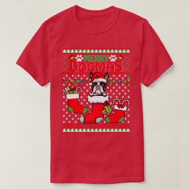 Merry Dogmas Boston Terrier Hund Funny Ugly Christ T Shirt (Design framsida)