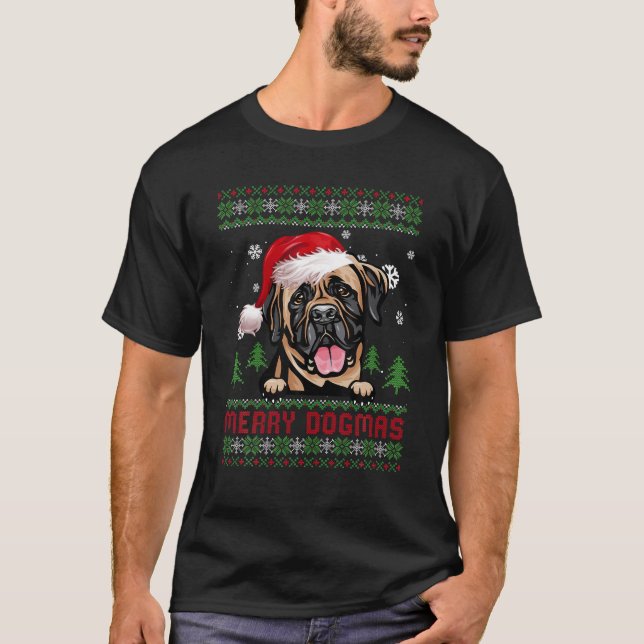 Merry Dogmas Bull Mastiff Santa Hat Ugly jul T Shirt (Framsida)