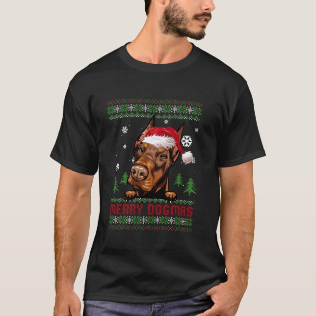 Merry Dogmas Doberman Älskare Santa Hat Ugly Chris T Shirt (Framsida)