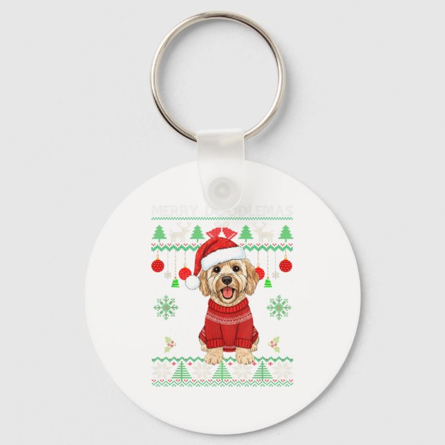 Merry Doodlemas Goldendoodle Wearing Ugly Christma Nyckelring (Framsida)
