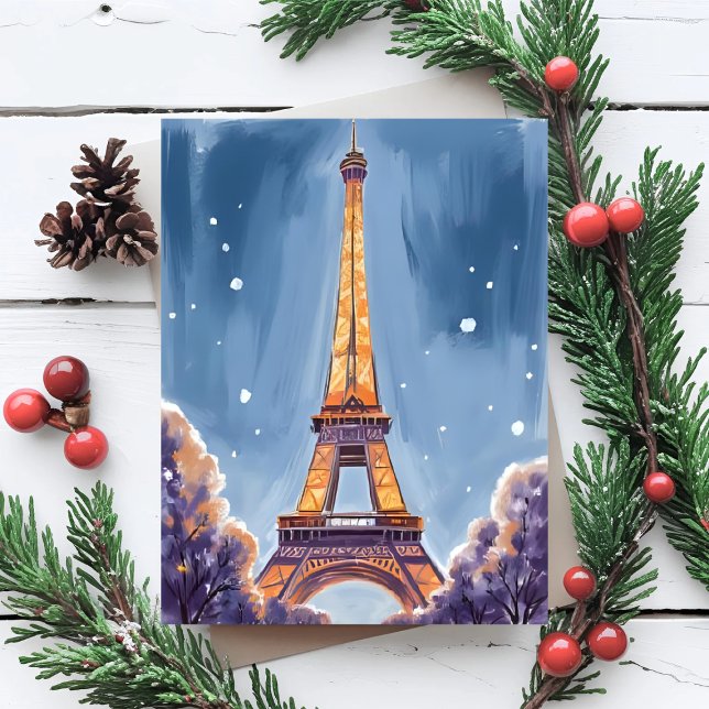 Merry Eiffel Tower | Paris Christmas Watercolor Julkort (Skapare uppladdad)