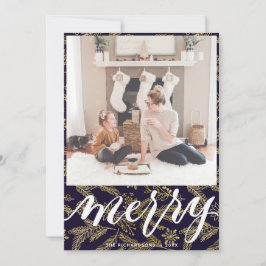 MERRY | Elegant Typografi Guld Boughs Mönster Julkort