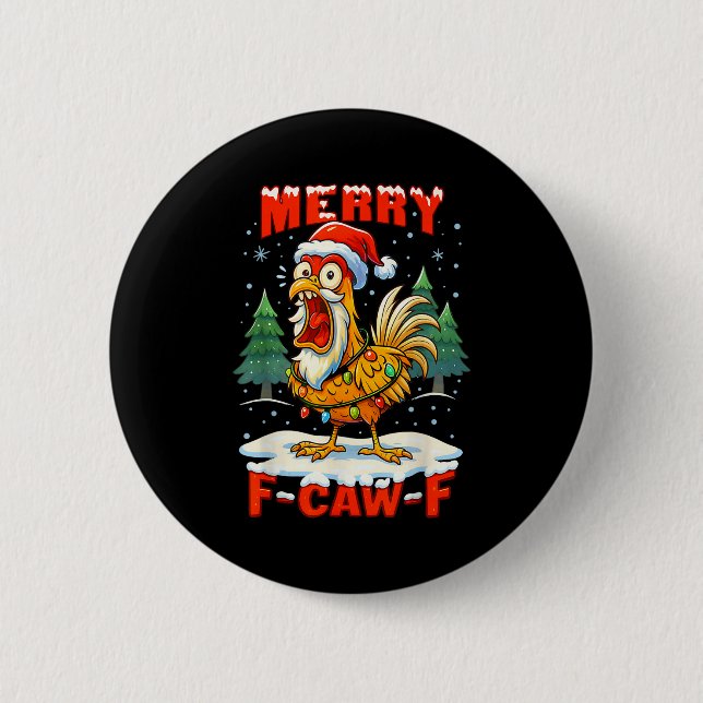 Merry F-caw-f Chicken Christmas Funny Rooster Men  Knapp (Framsida)