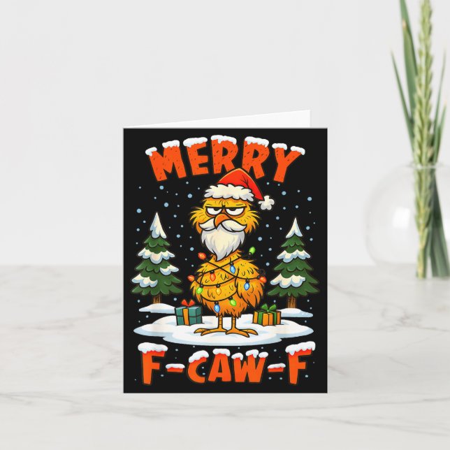 Merry F-caw-f Chicken Christmas Funny Rooster Men  Kort (Framsida)