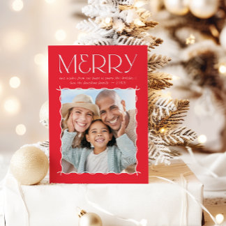 MERRY FAMILY PHOTO fun modern wavy border red Julkort