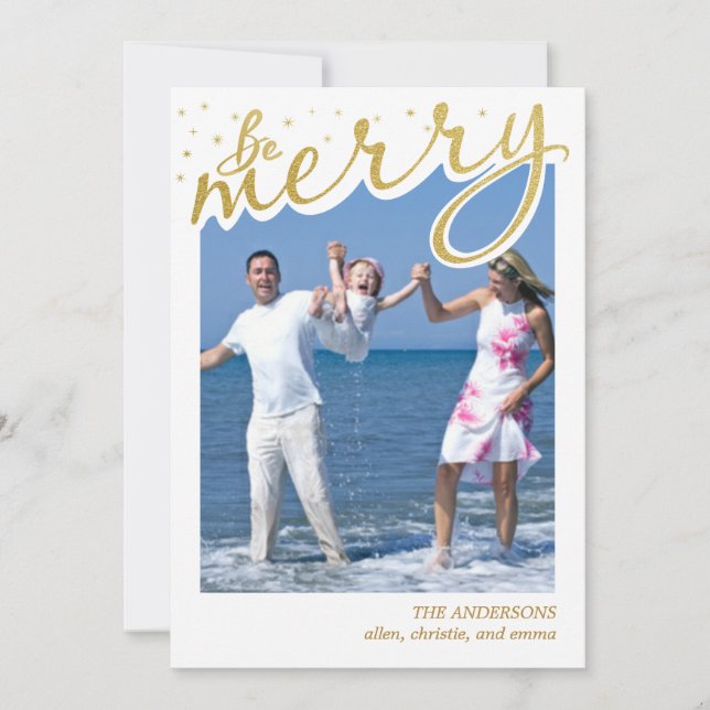Merry Faux Gold Foil Retro Script-julfoto Julkort (Framsida)