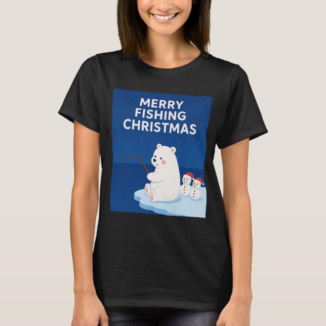 Merry Fishing Christmas – Cute Polar Bear&Snowmen T Shirt (Framsida)