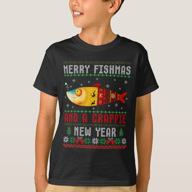 Merry Fishmas And A Crape New Year Ugly Fisherman  T Shirt (Framsida)