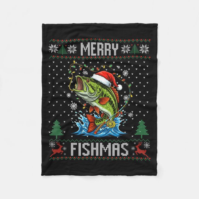 Merry Fishmas B Fish Fishing Christmas Ugly Sweate Fleecefilt (Framsidan)