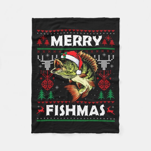 Merry Fishmas B Fish Fishing Christmas Ugly Sweate Fleecefilt (Framsidan)