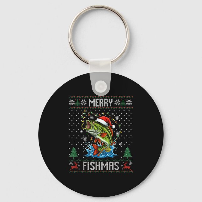 Merry Fishmas B Fish Fishing Christmas Ugly Sweate Nyckelring (Framsida)