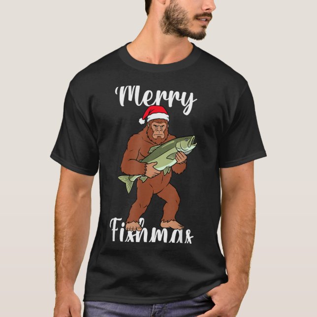 Merry Fishmas Bigfoot Fishing Funny Sasquatch Sant T Shirt (Framsida)