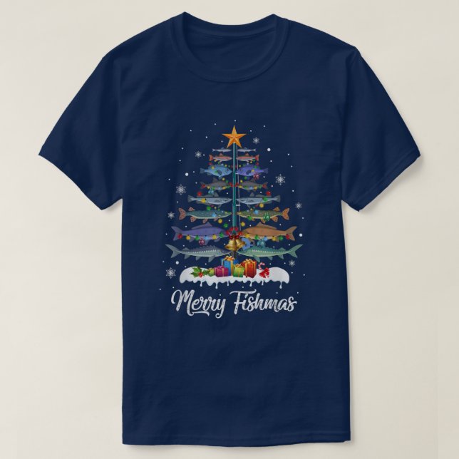Merry Fishmas Christmas Tree Xmas Pajama  T Shirt (Design framsida)