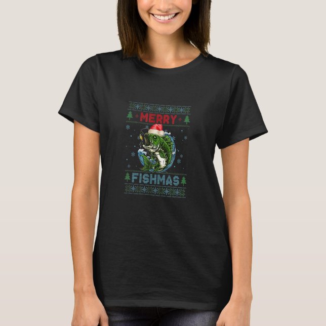 Merry Fishmas Fishing Ugly Christmas Large Mouth B T Shirt (Framsida)