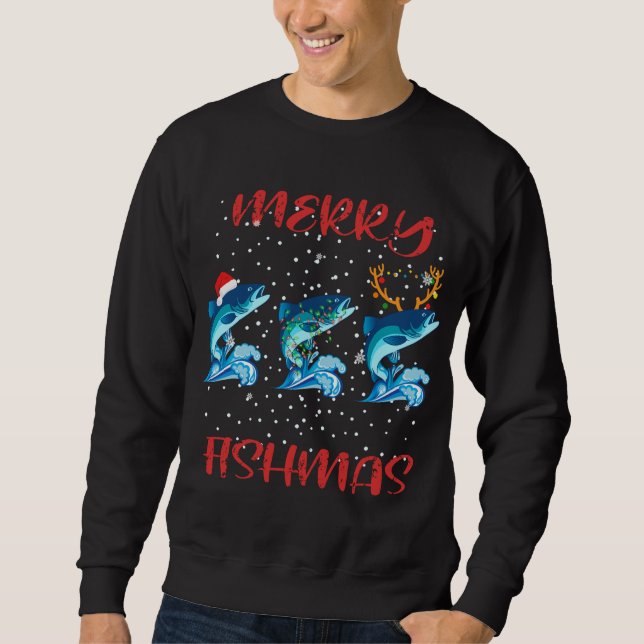 Merry Fishmas Fiske jul Pajama Gifts Fishm Lång Ärmad Tröja (Framsida)