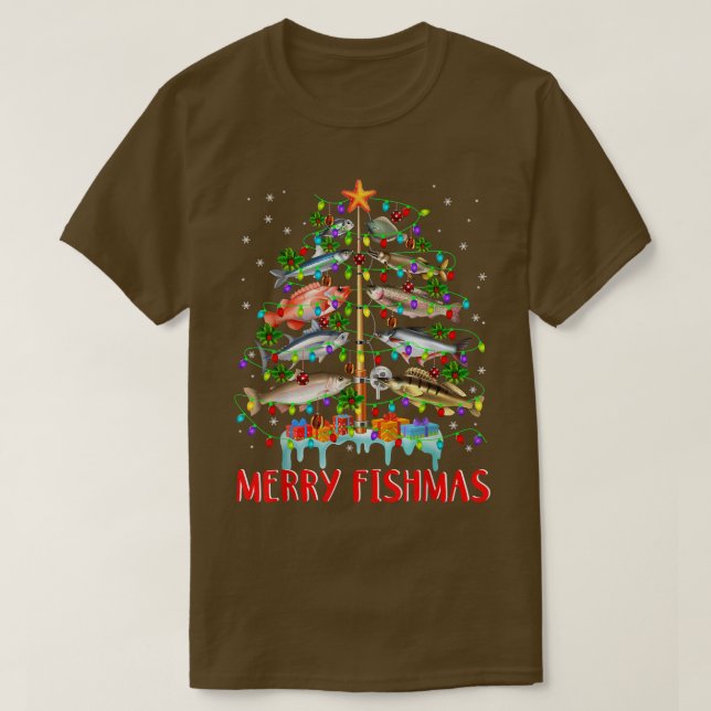 Merry Fishmas Funny Christmas Tree Lights Fish Fis T Shirt (Design framsida)