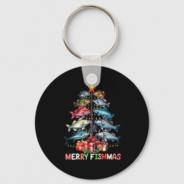 Merry Fishmas Funny Christmas Tree Lights Fishing  Nyckelring (Framsida)