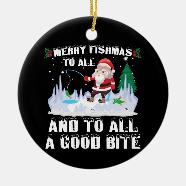 Merry Fishmas Funny Fish Fisherman Julafton Julgransprydnad Keramik (Framsidan)