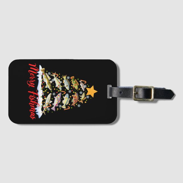 Merry Fishmas Funny Julgran Ljus Fish Fis Fis Bagagebricka (Framsida horisontal)